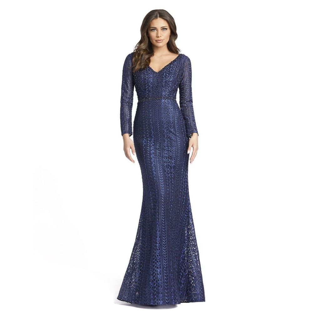 MAC DUGGAL EMBROIDERED LONG SLEEVE V NECK TRUMPET GOWN